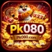 Colorful PK080 Game app icon showing a happy cartoon tiger wearing sunglasses, holding cards, with casino elements like roulette, dice, and slot machine. Gold coins surround the bold “PK080” text with a bright glowing background.