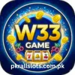 W33 Game app logo showing slot machine icons, gold coins, and cherries on a dark blue background, representing mobile gaming and rewards.